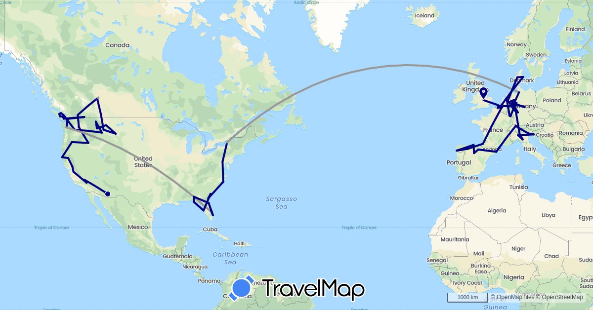 TravelMap itinerary: driving, plane in Belgium, Canada, Switzerland, Germany, Denmark, Spain, France, United Kingdom, Italy, Netherlands, United States (Europe, North America)